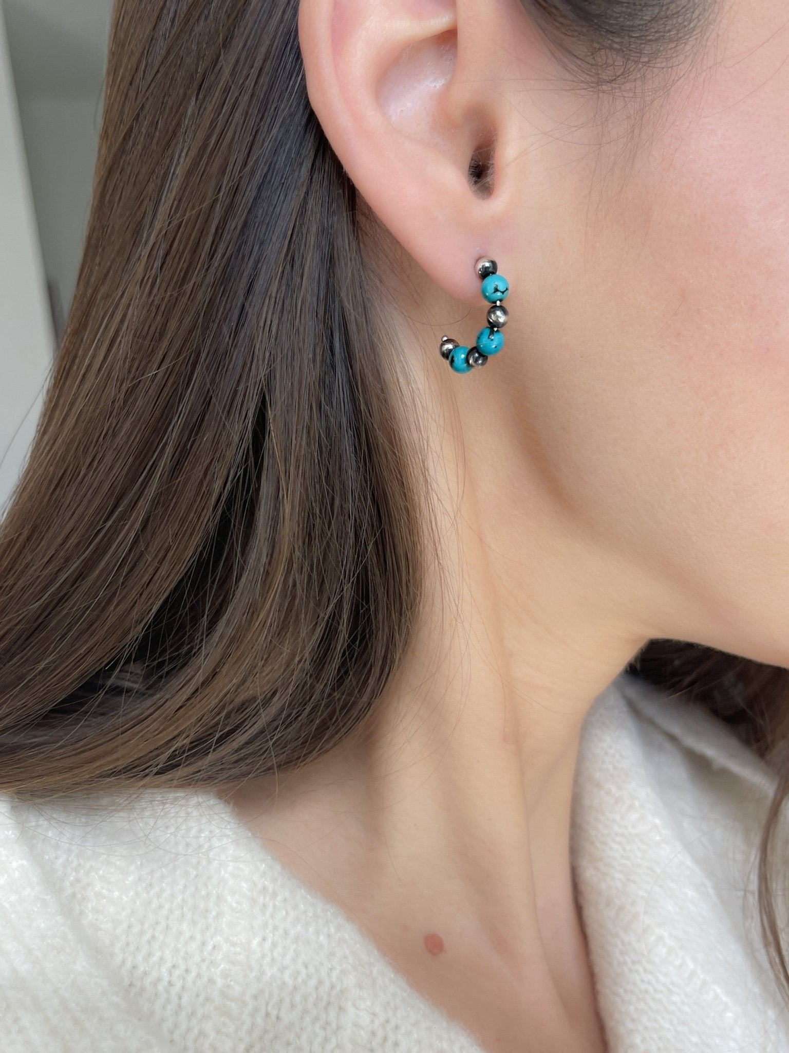 Small Turquoise & Navajo Pearls Sterling Silver Hoop Earrings - LeSilveStone