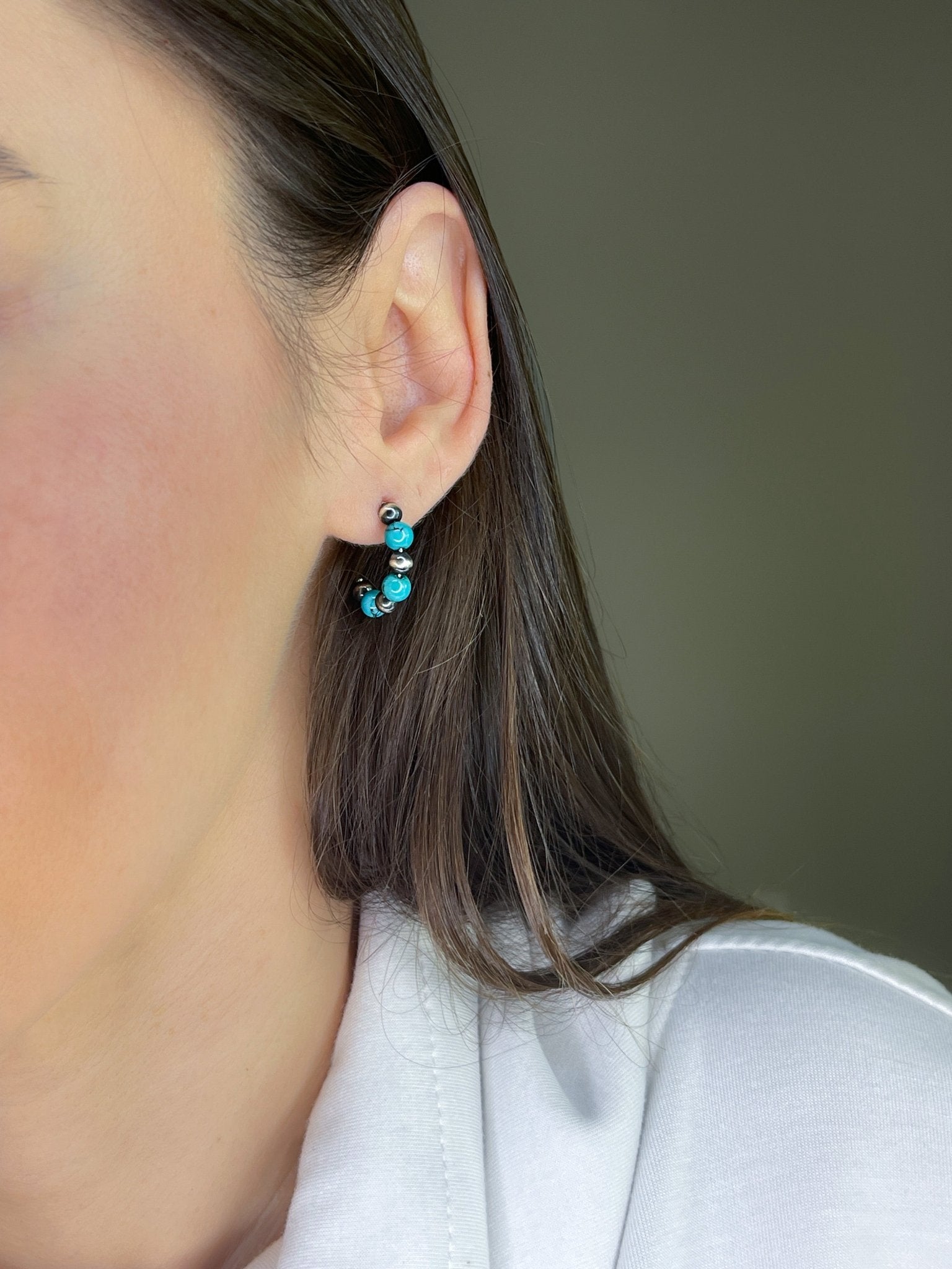 Small Turquoise & Navajo Pearls Sterling Silver Hoop Earrings - LeSilveStone